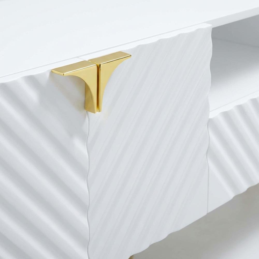 White Gloss Finish TV Stand with Rubberwood and Walnut Veneers for Modern Living