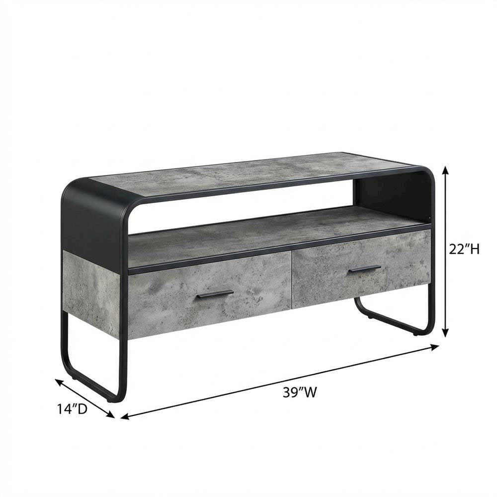 Industrial-style TV stand, concrete gray, black finish, made from particleboard