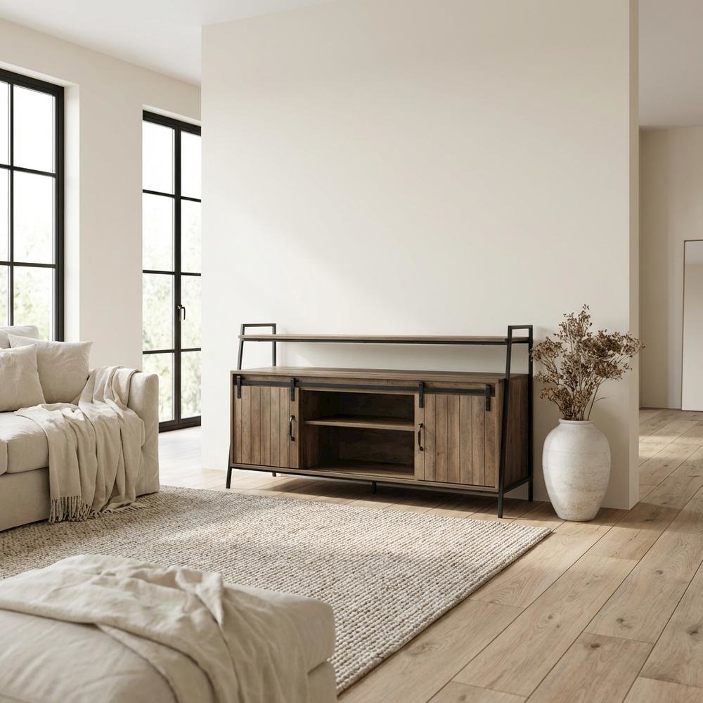 Industrial TV Stand in Rustic Oak & Black Finish with MDF, Metal, Veneer