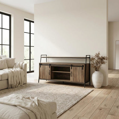 Industrial TV Stand in Rustic Oak & Black Finish with MDF, Metal, Veneer