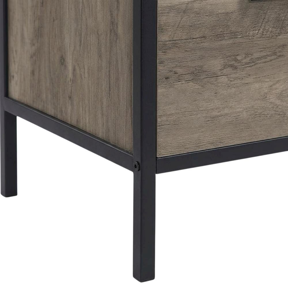 Industrial-style TV stand in Rustic Oak and Black finish with metal accents