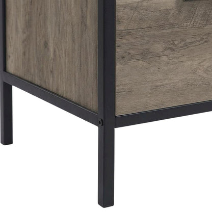Industrial-style TV stand in Rustic Oak and Black finish with metal accents