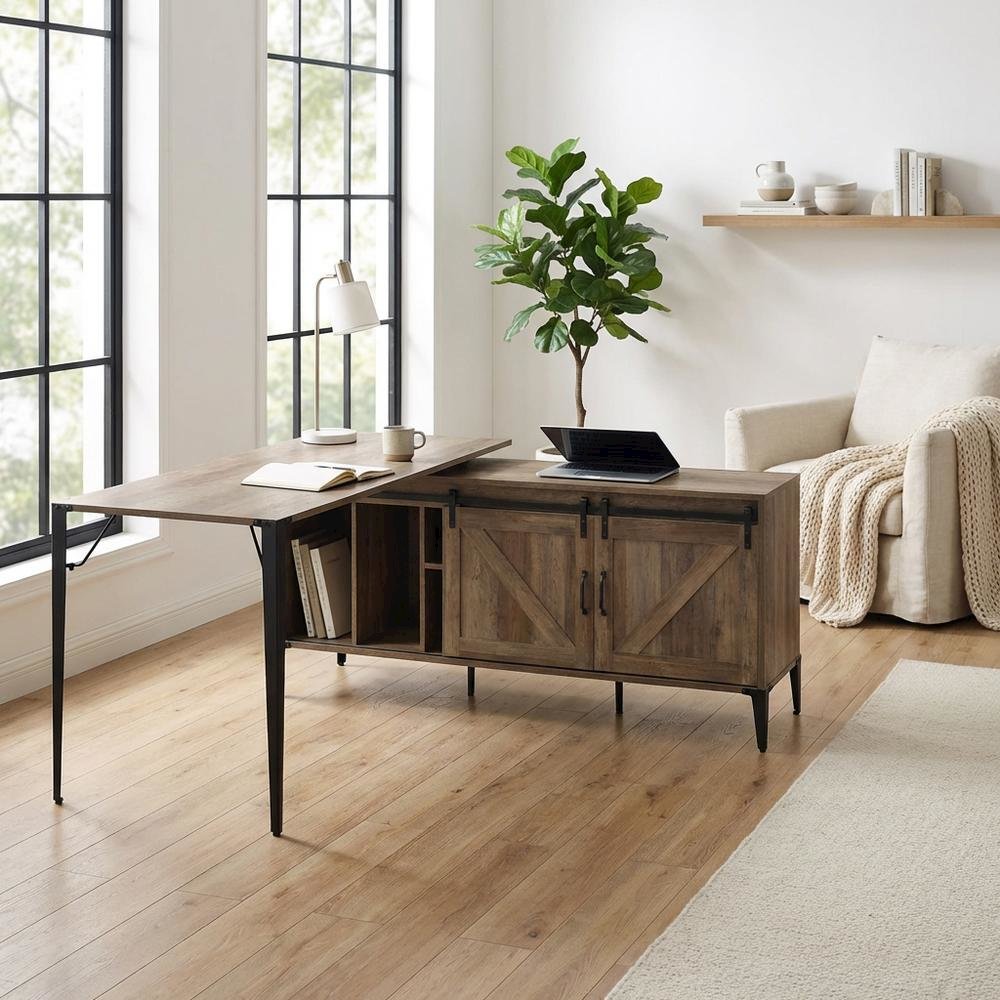Rustic Oak And Black Finish Writing Desk With Industrial Style And Metal Frame