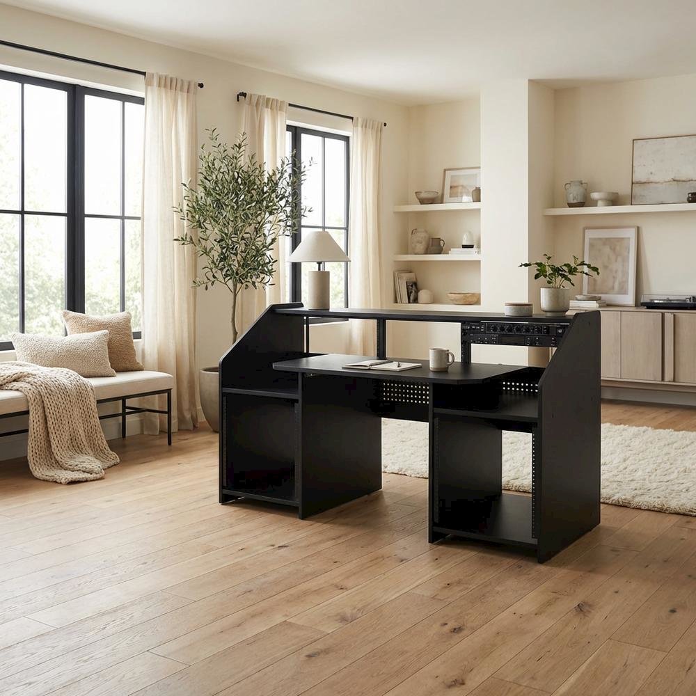 Black Finish Music Desk With Industrial Style And Rectangular Surface