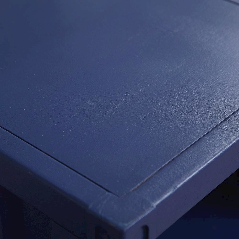 Blue metal nightstand with USB port and modern design