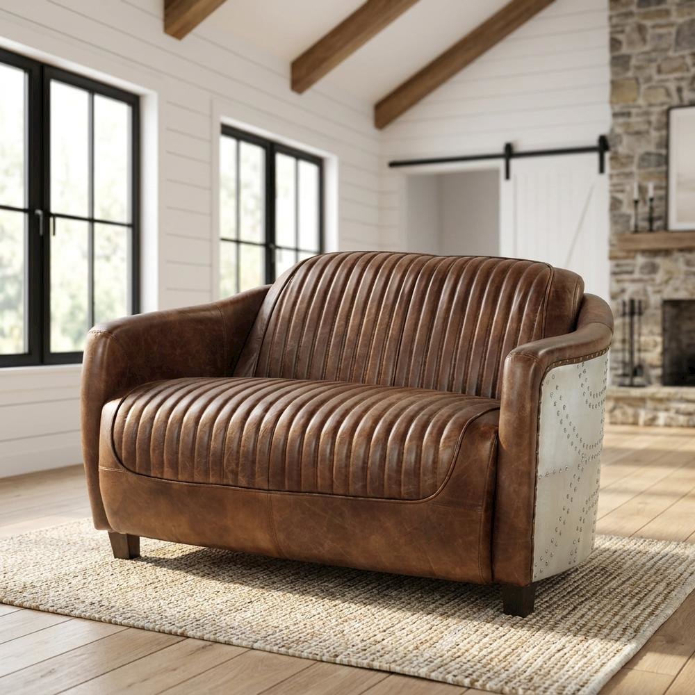 Top Grain Leather Loveseat, Industrial Style, Retro Brown Top Grain Leather