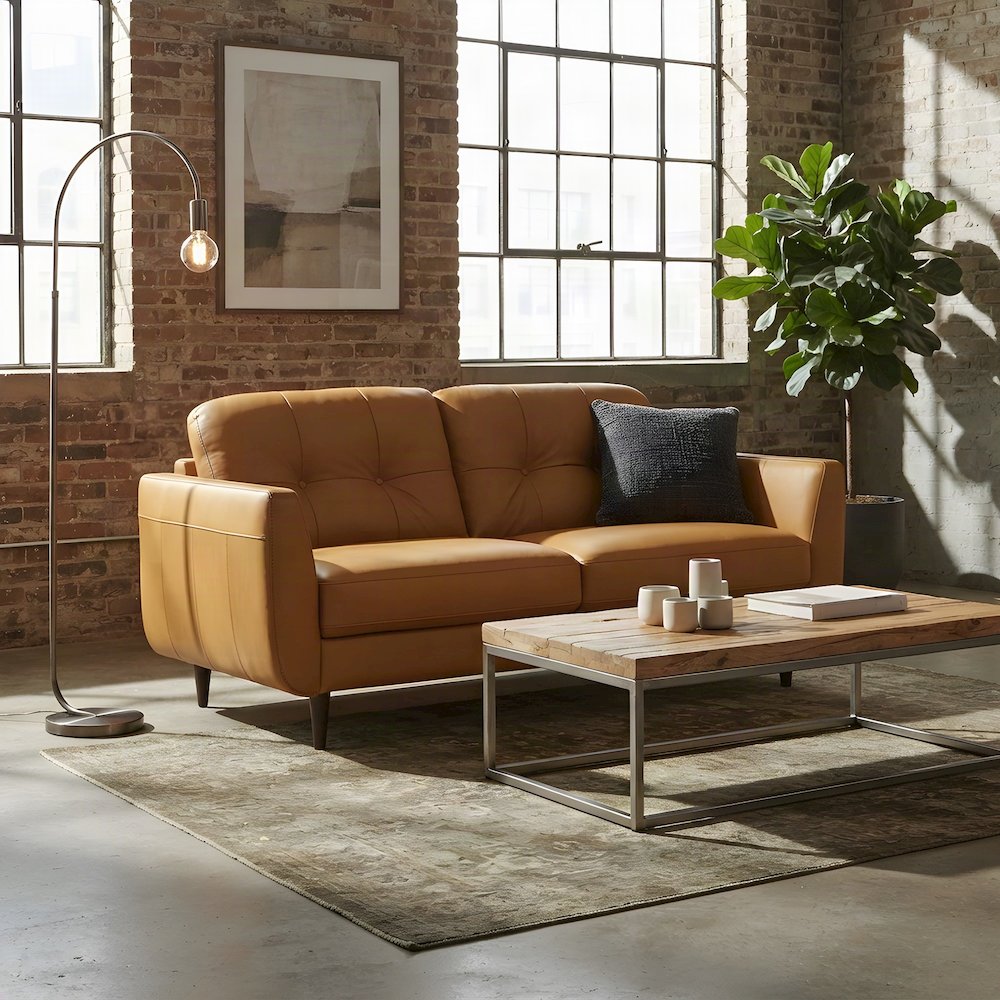 Top Grain Leather Upholstered Loveseat Sofa with Wood Legs, Small, Snowy Desert