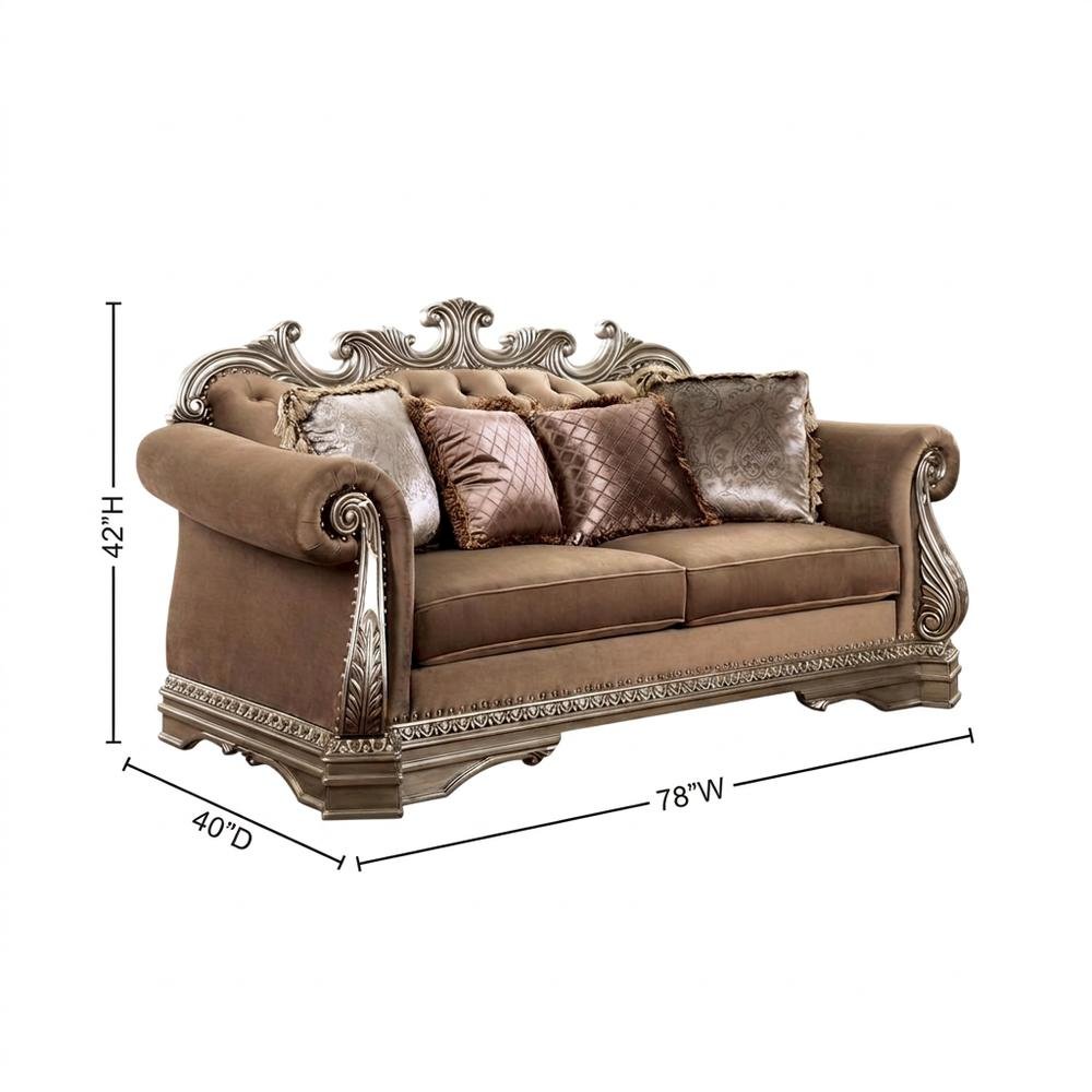 Velvet-Upholstered Loveseat with 4 Throw Pillows, Antique Silver