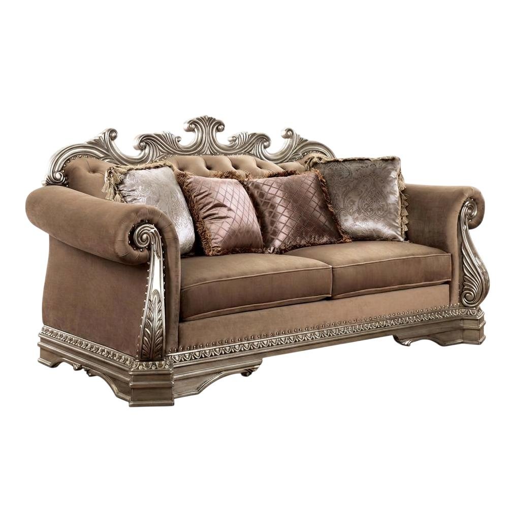Velvet-Upholstered Loveseat with 4 Throw Pillows, Antique Silver