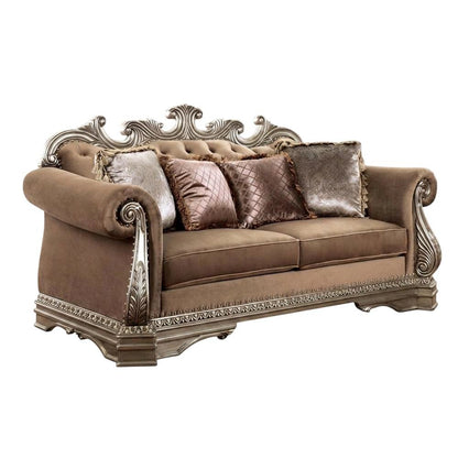 Velvet-Upholstered Loveseat with 4 Throw Pillows, Antique Silver