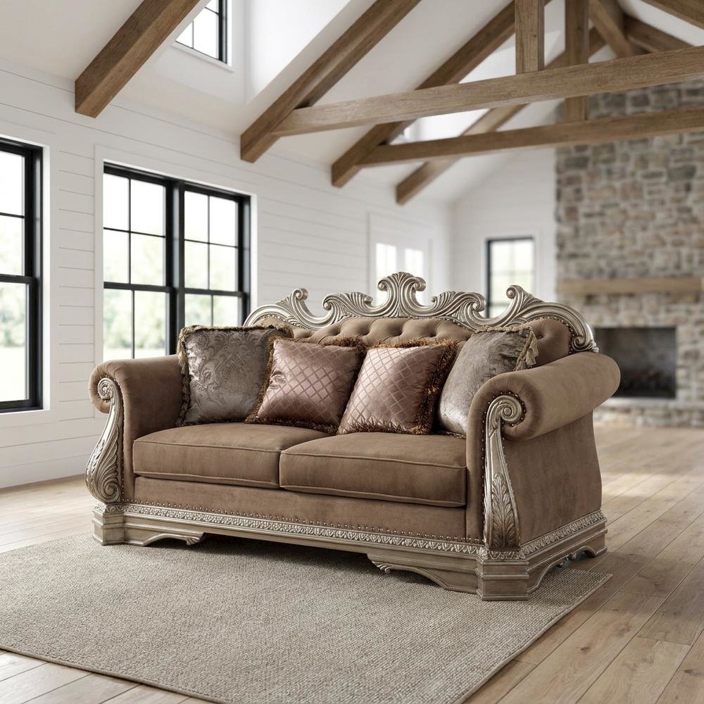 Velvet-Upholstered Loveseat with 4 Throw Pillows, Antique Silver