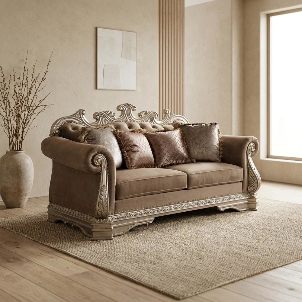 Velvet-Upholstered Loveseat with 4 Throw Pillows, Antique Silver