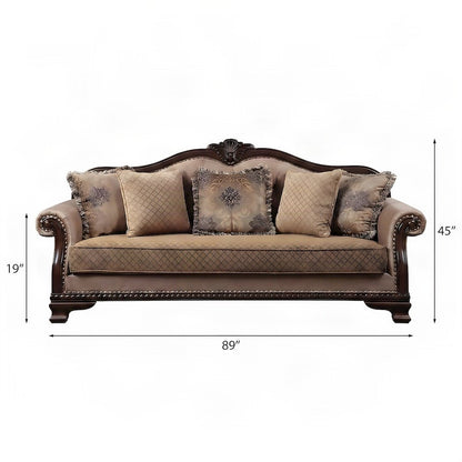 Fabric-Upholstered Transitional Sofa and Couch with 5 Pillows, Fabric & Espresso