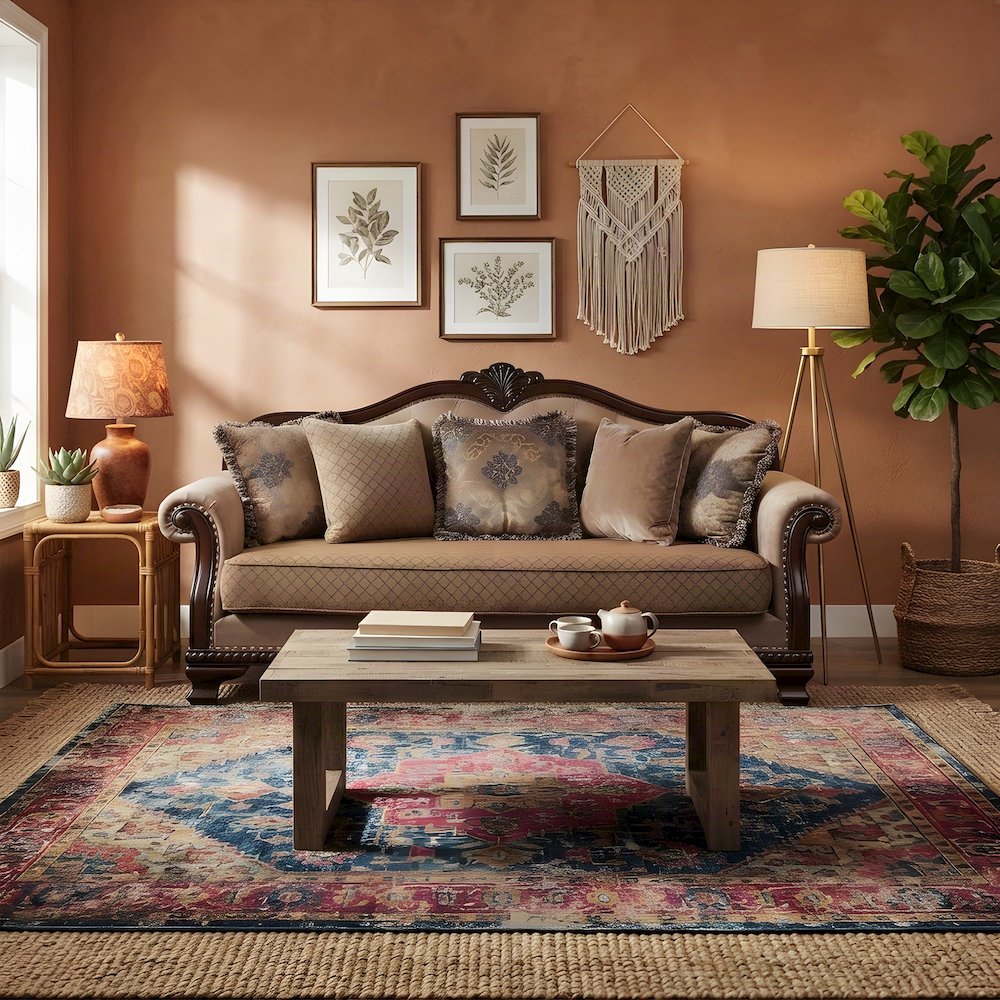 Fabric-Upholstered Transitional Sofa and Couch with 5 Pillows, Fabric & Espresso