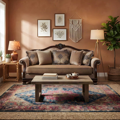 Fabric-Upholstered Transitional Sofa and Couch with 5 Pillows, Fabric & Espresso