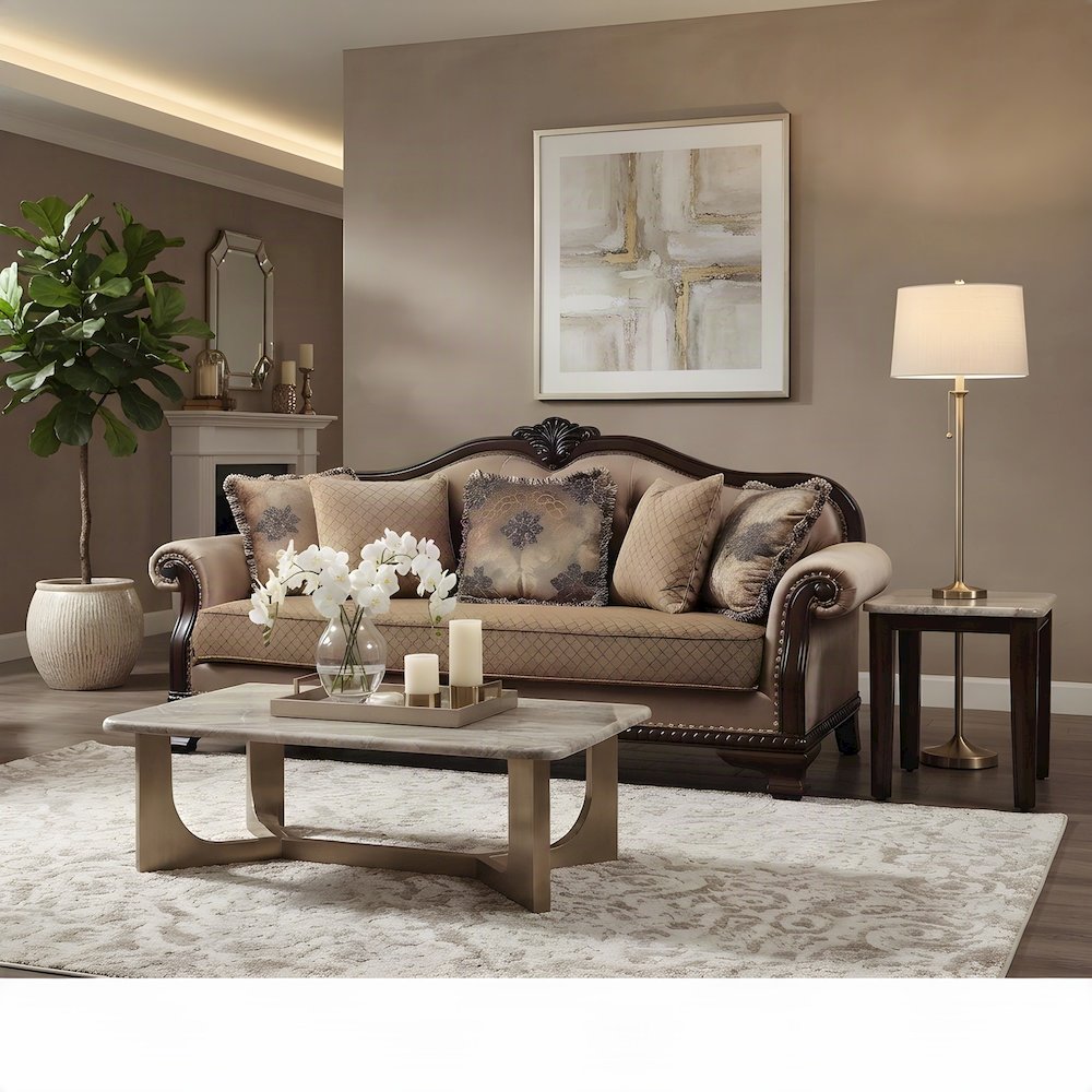 Fabric-Upholstered Transitional Sofa and Couch with 5 Pillows, Fabric & Espresso