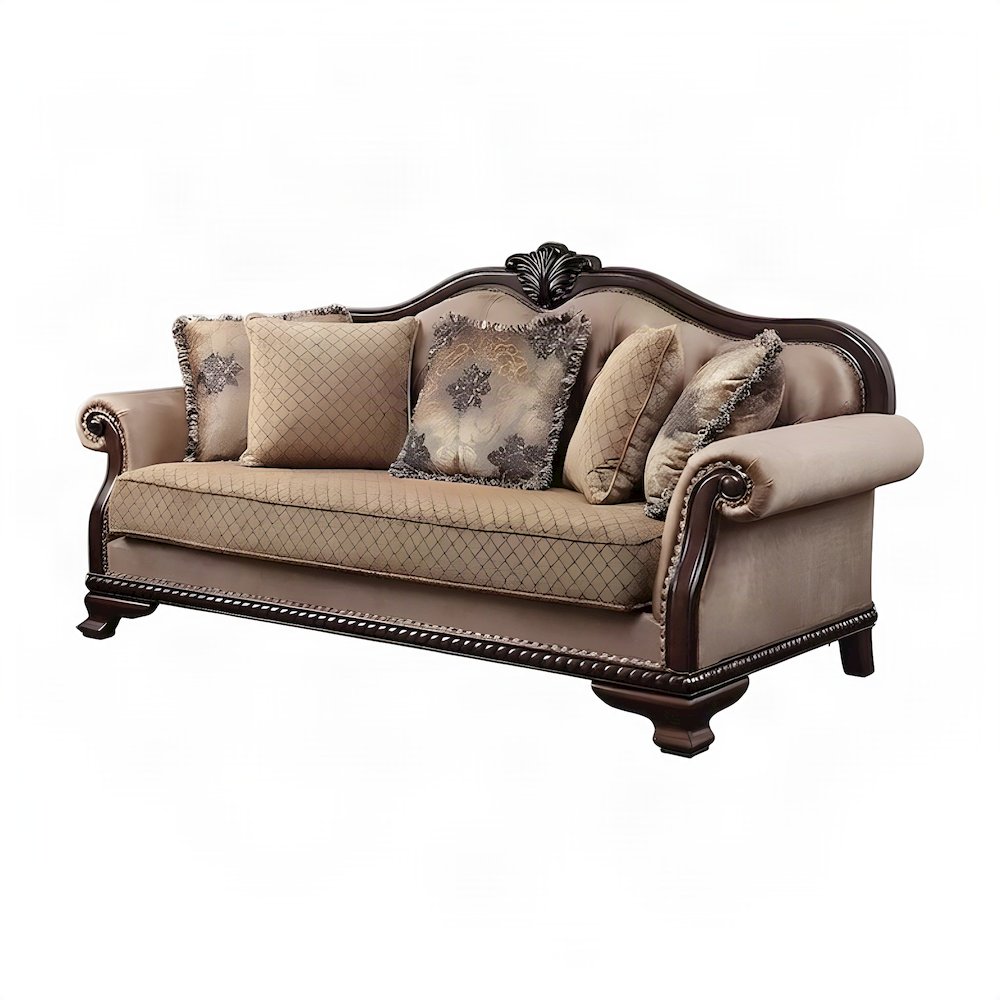 Fabric-Upholstered Transitional Sofa and Couch with 5 Pillows, Fabric & Espresso