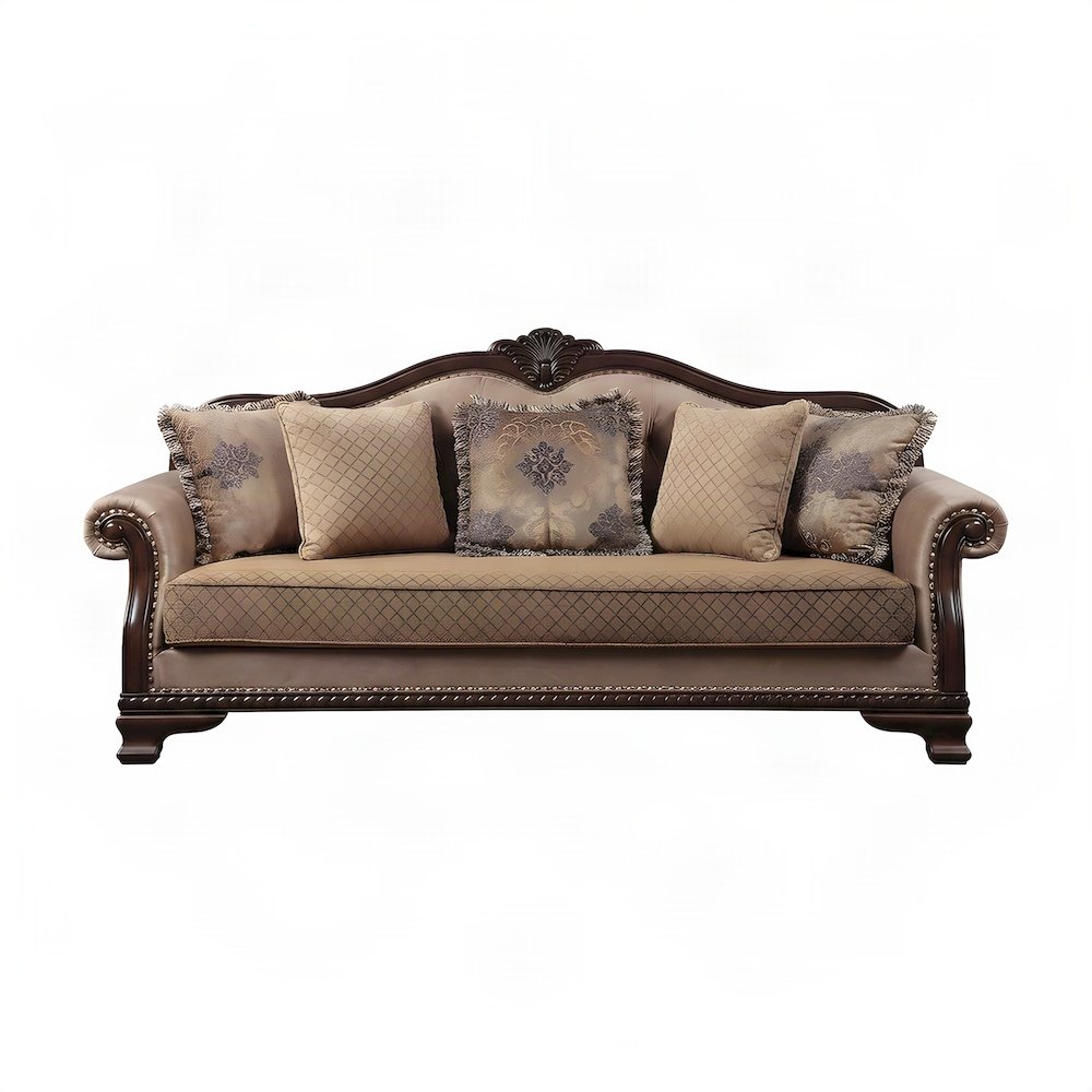 Fabric-Upholstered Transitional Sofa and Couch with 5 Pillows, Fabric & Espresso