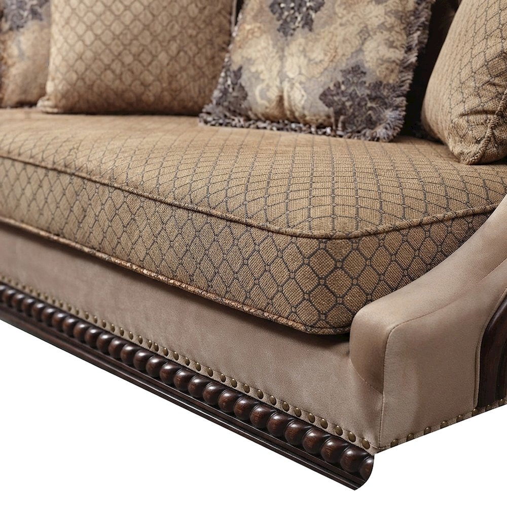 Fabric-Upholstered Transitional Sofa and Couch with 5 Pillows, Fabric & Espresso