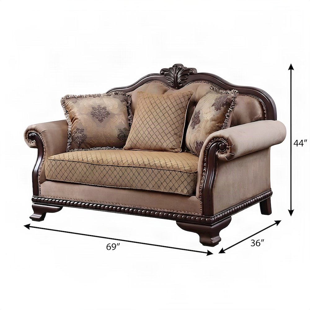 Upholstered Loveseat Sofa with 3 Accent Pillows, Small Couch, Fabric & Espresso
