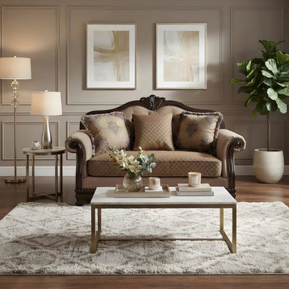 Upholstered Loveseat Sofa with 3 Accent Pillows, Small Couch, Fabric & Espresso