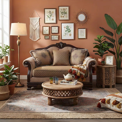 Upholstered Loveseat Sofa with 3 Accent Pillows, Small Couch, Fabric & Espresso
