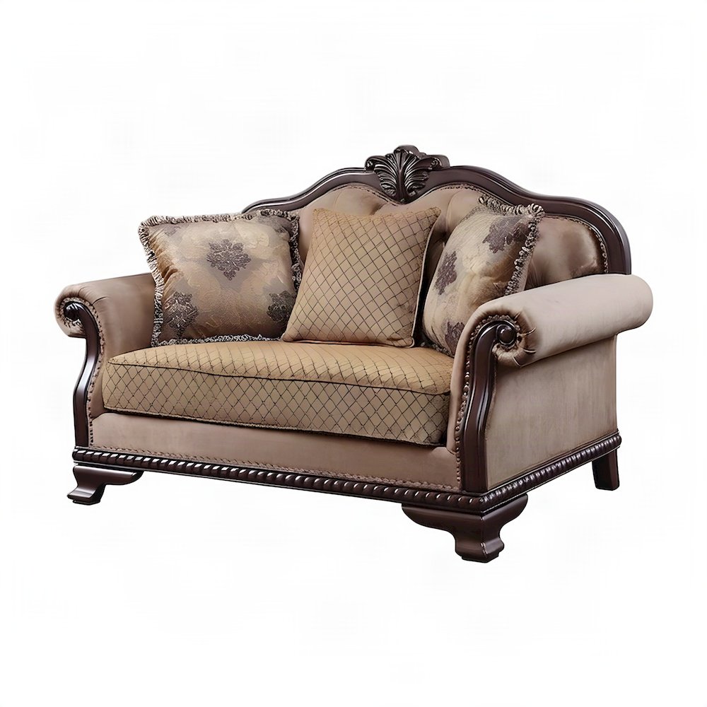 Upholstered Loveseat Sofa with 3 Accent Pillows, Small Couch, Fabric & Espresso