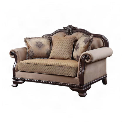 Upholstered Loveseat Sofa with 3 Accent Pillows, Small Couch, Fabric & Espresso
