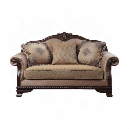 Upholstered Loveseat Sofa with 3 Accent Pillows, Small Couch, Fabric & Espresso