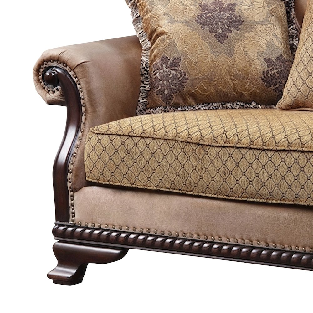 Upholstered Loveseat Sofa with 3 Accent Pillows, Small Couch, Fabric & Espresso