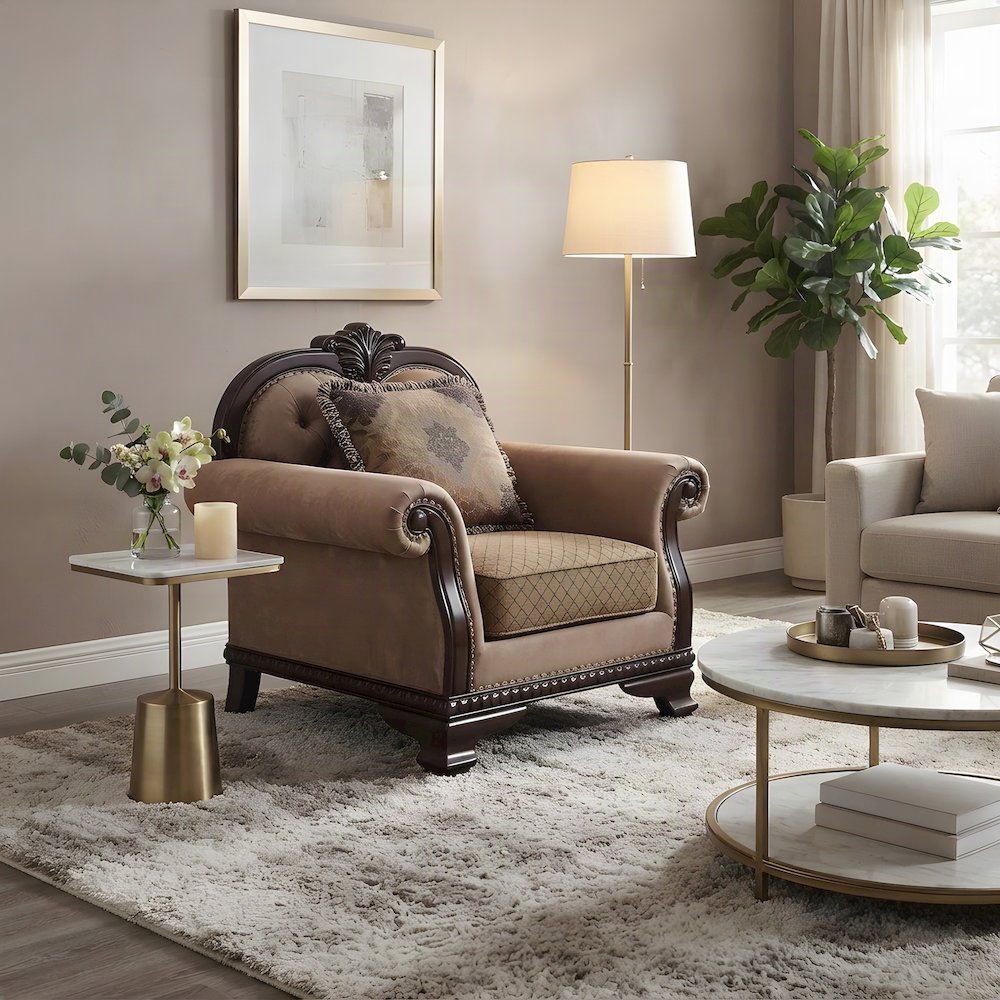 Upholstered Accent Chair with Pillow and Wood-Frame Armchair, Fabric & Espresso