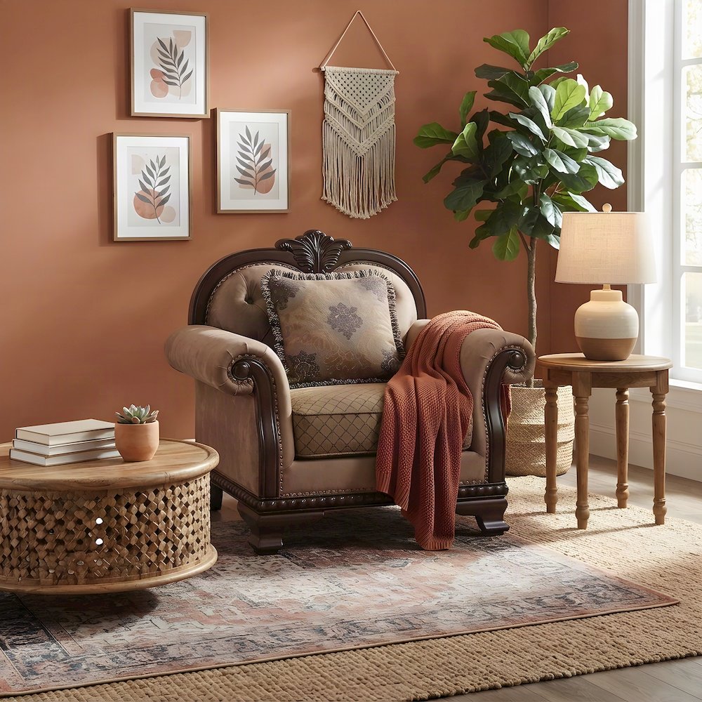 Upholstered Accent Chair with Pillow and Wood-Frame Armchair, Fabric & Espresso