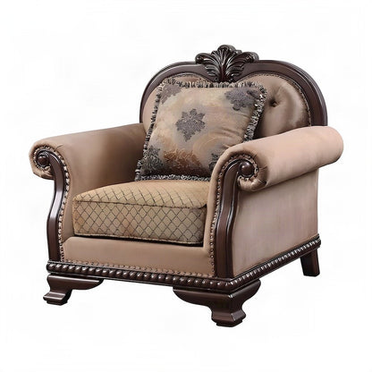 Upholstered Accent Chair with Pillow and Wood-Frame Armchair, Fabric & Espresso