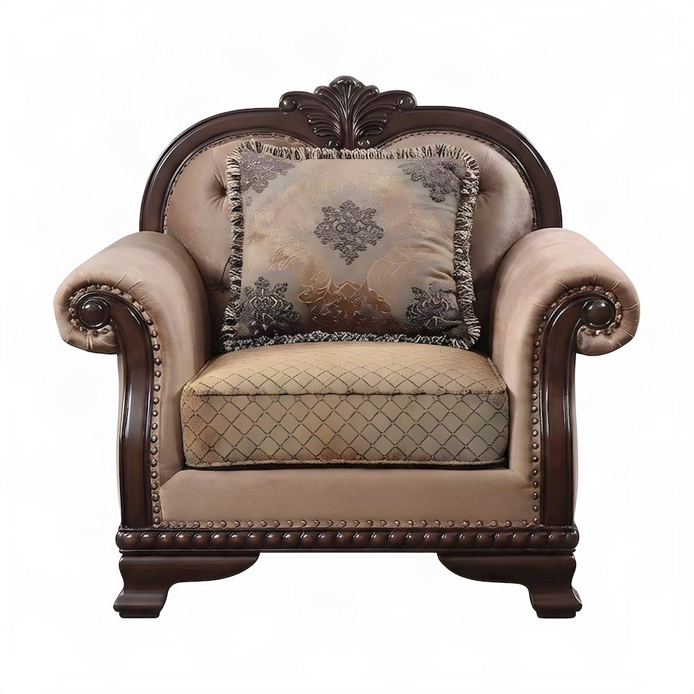 Upholstered Accent Chair with Pillow and Wood-Frame Armchair, Fabric & Espresso