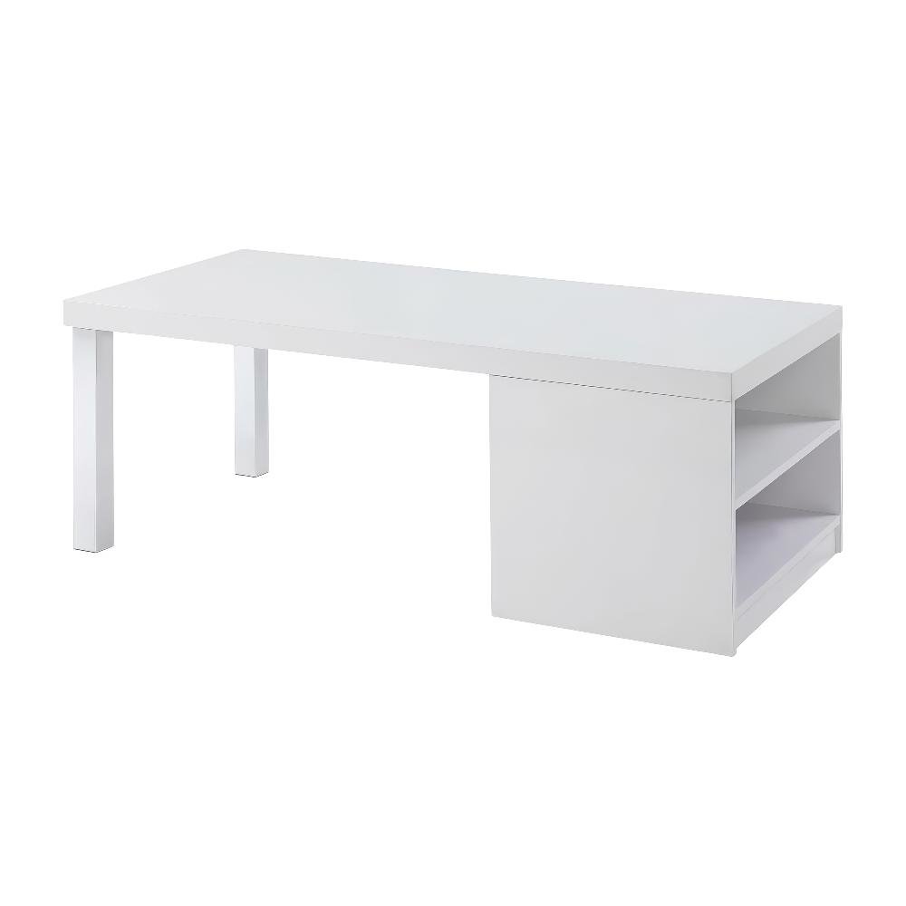 White Rectangular Coffee Table with High Gloss Wood and Chrome Accents