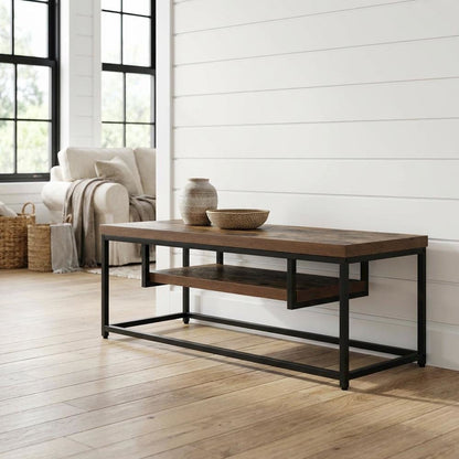 Weathered Oak & Black Metal TV Stand with Elegant Storage Design
