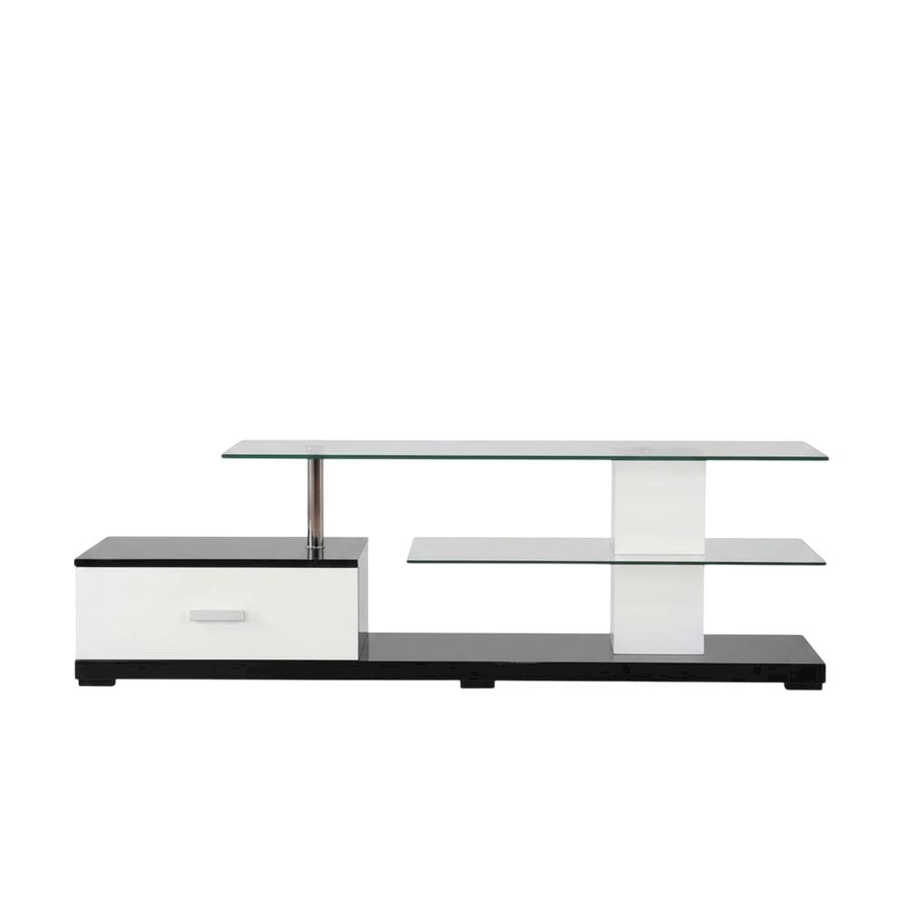 Modern White and Black TV Stand with Glass Shelves and Chrome Frame