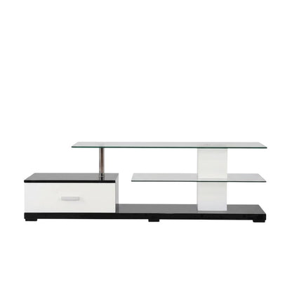 Modern White and Black TV Stand with Glass Shelves and Chrome Frame