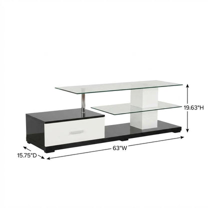 Modern White and Black TV Stand with Glass Shelves and Chrome Frame
