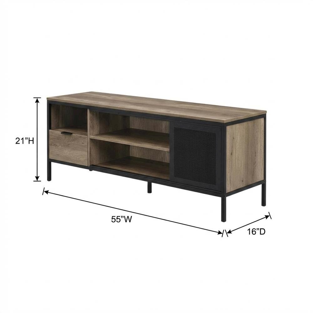 Industrial-style TV stand in Rustic Oak and Black finish with metal accents