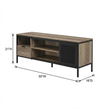 Industrial-style TV stand in Rustic Oak and Black finish with metal accents