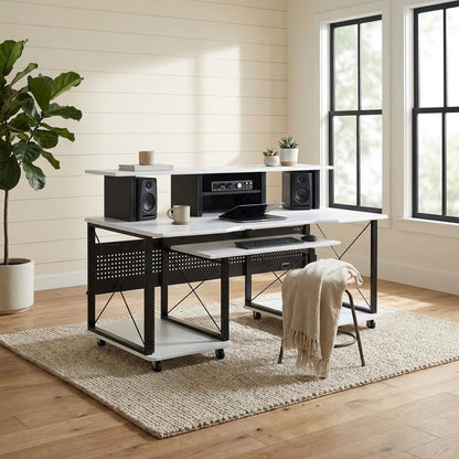 White And Black Finish Music Desk With Industrial Style And Rectangular Surface