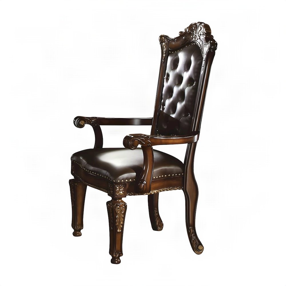 PU Leather Accent Armchair with Cherry Finish Frame, Gold, Set of 2