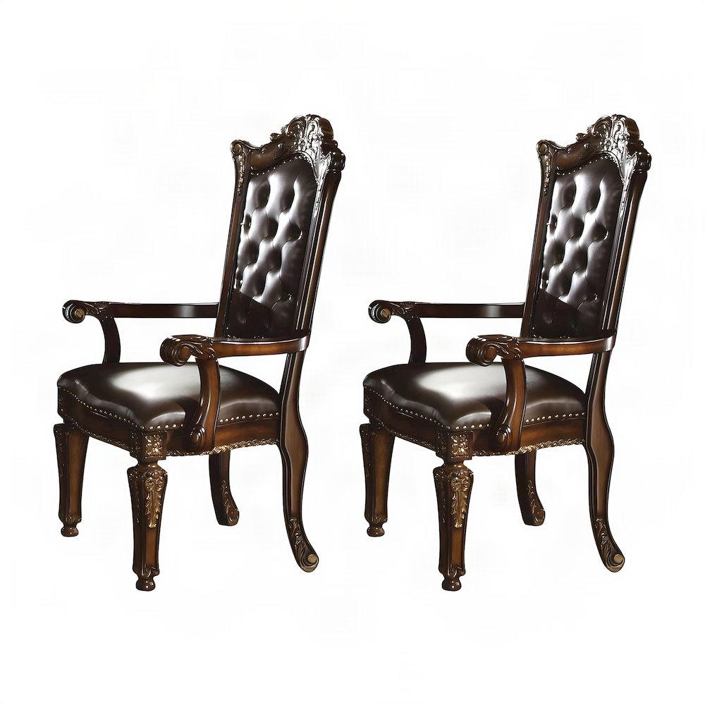 PU Leather Accent Armchair with Cherry Finish Frame, Gold, Set of 2