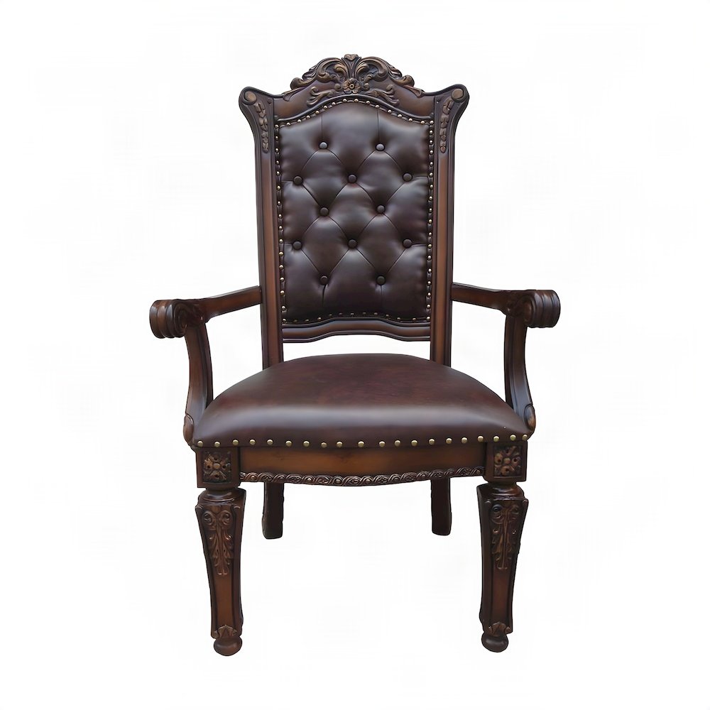 PU Leather Accent Armchair with Cherry Finish Frame, Gold, Set of 2