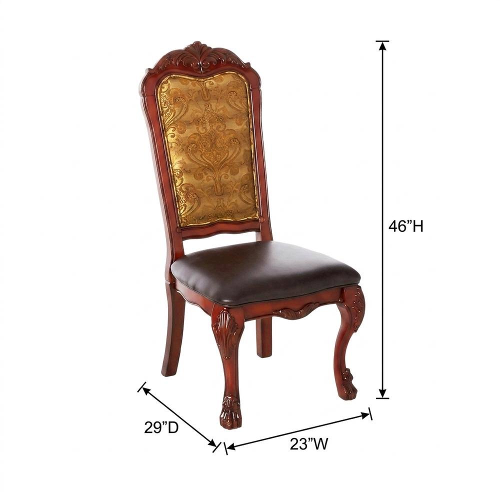 PU Leather Dining Chair with Floral Fabric Back, Synthetic Leather & Cherry Oak, Set of 2