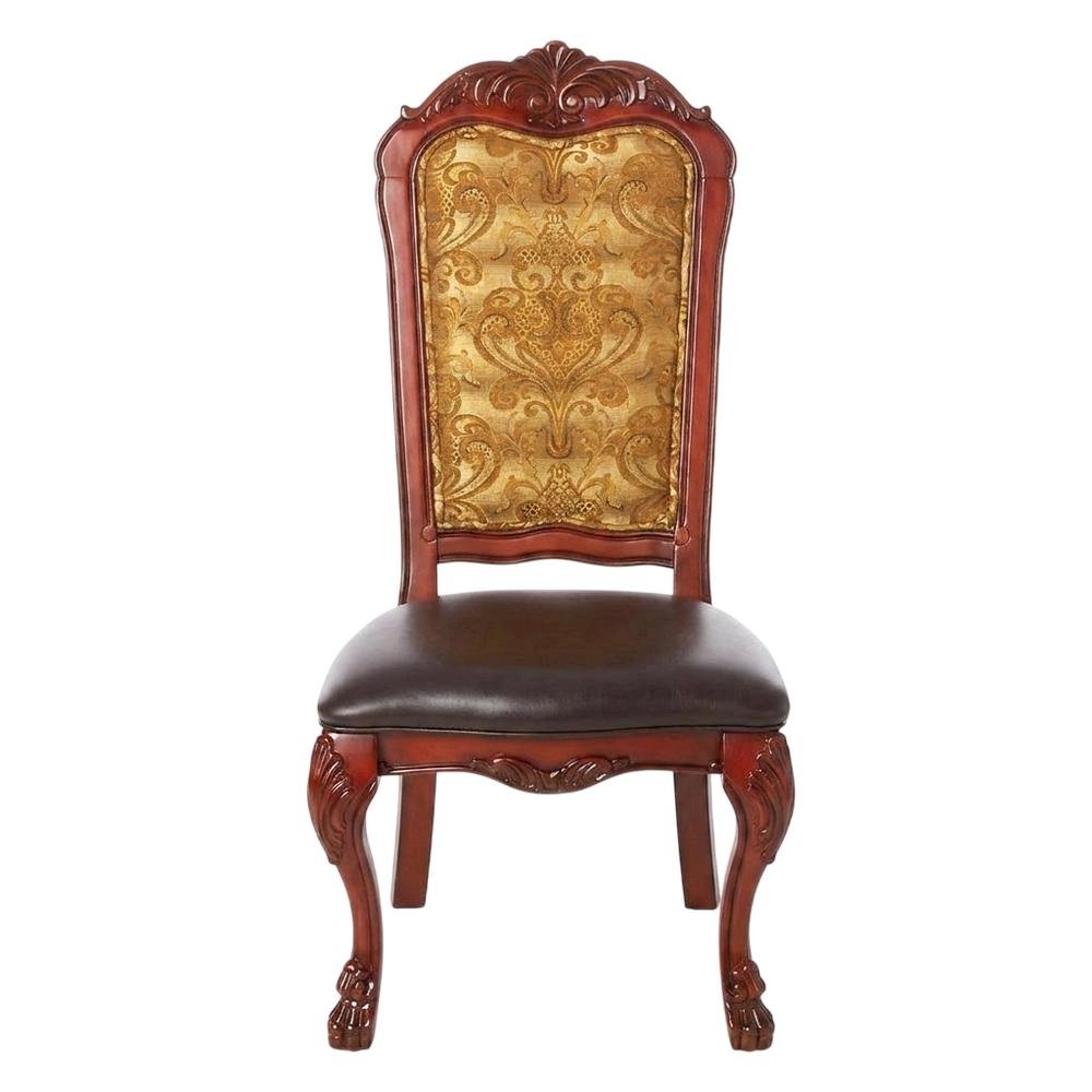 PU Leather Dining Chair with Floral Fabric Back, Synthetic Leather & Cherry Oak, Set of 2