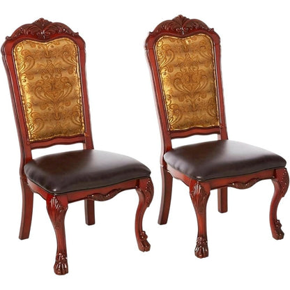 PU Leather Dining Chair with Floral Fabric Back, Synthetic Leather & Cherry Oak, Set of 2