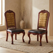 PU Leather Dining Chair with Floral Fabric Back, Synthetic Leather & Cherry Oak, Set of 2