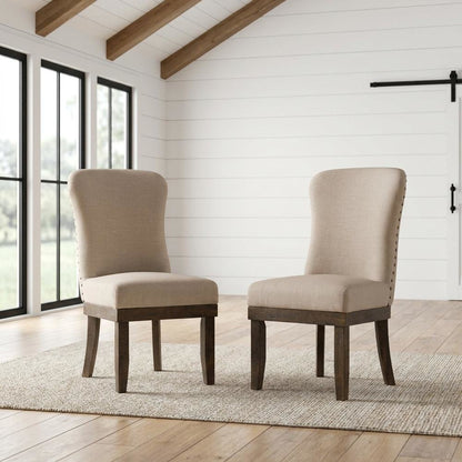 Linen Dining Side Chairs with Wood Frame, Beige Linen & Salvage Brown, Set of 2